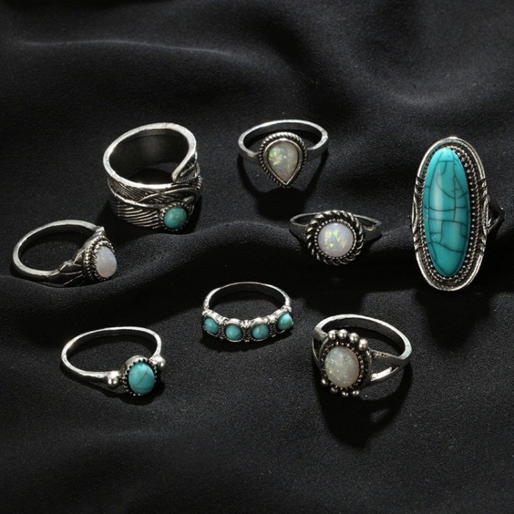 8 Pc Boho Turquoise & Silver Ring Set NEW!! - Picture 2 of 4